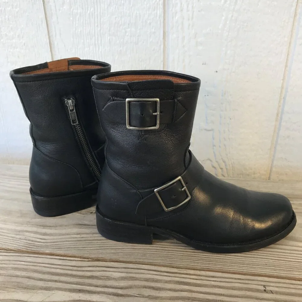 Frye Vicky Engineer Womens Black Leather Ankle Side Zip Boots 6.5 B 3478817BLK